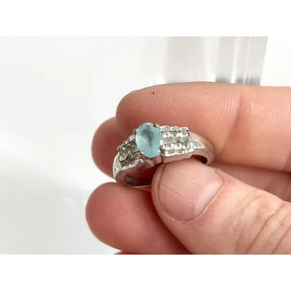 Natural Aquamarine Geoemtric 925 Sterling Silver Vintage Ring - sz 7.25 - Picture 11 of 16